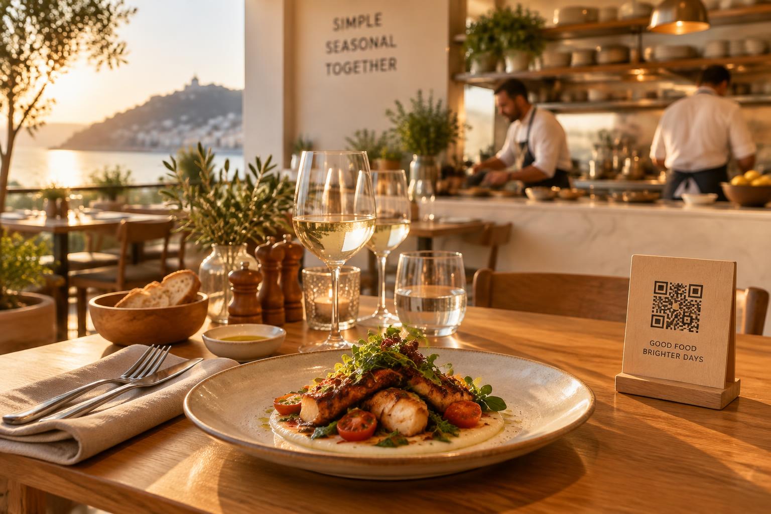 A sunlit bistro table with a plated dish and a QR code stand beside it